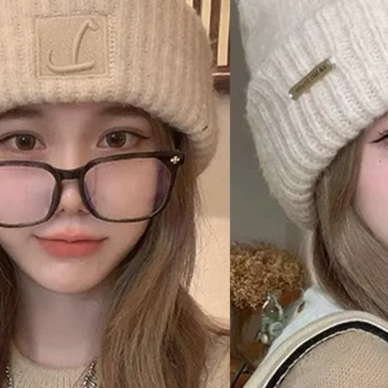 1PC Coarse Knit Hat Letter L Solid Color Skullcaps For Women
