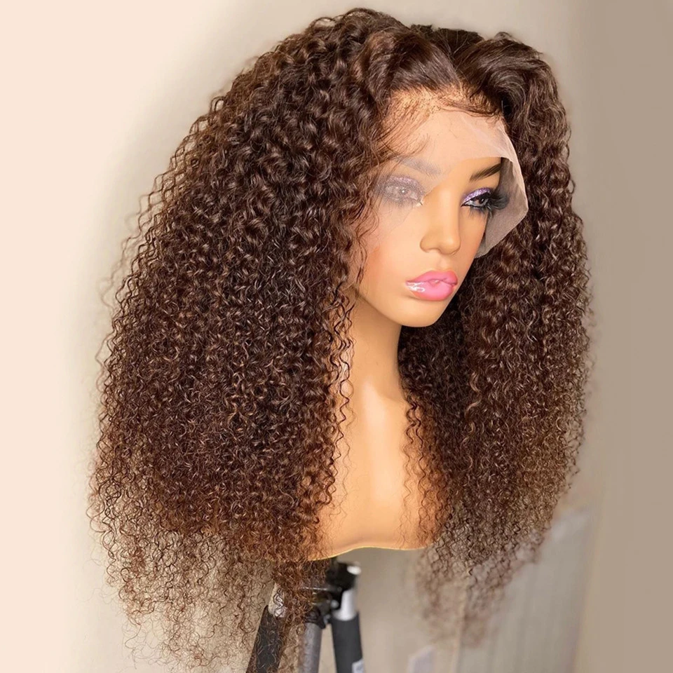 Long Dark Brown Kinky Curly Lace Front Wig para mulheres negras, cabelo macio do bebê, 180 Densidade, resistente ao calor, pré-arrancadas, 26"