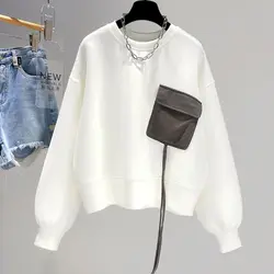 Jerseys de diseño de moda para mujer, Tops de cuello redondo con bolsillo de nicho, camiseta informal suelta de manga larga, jersey de estilo coreano, Top de primavera y otoño