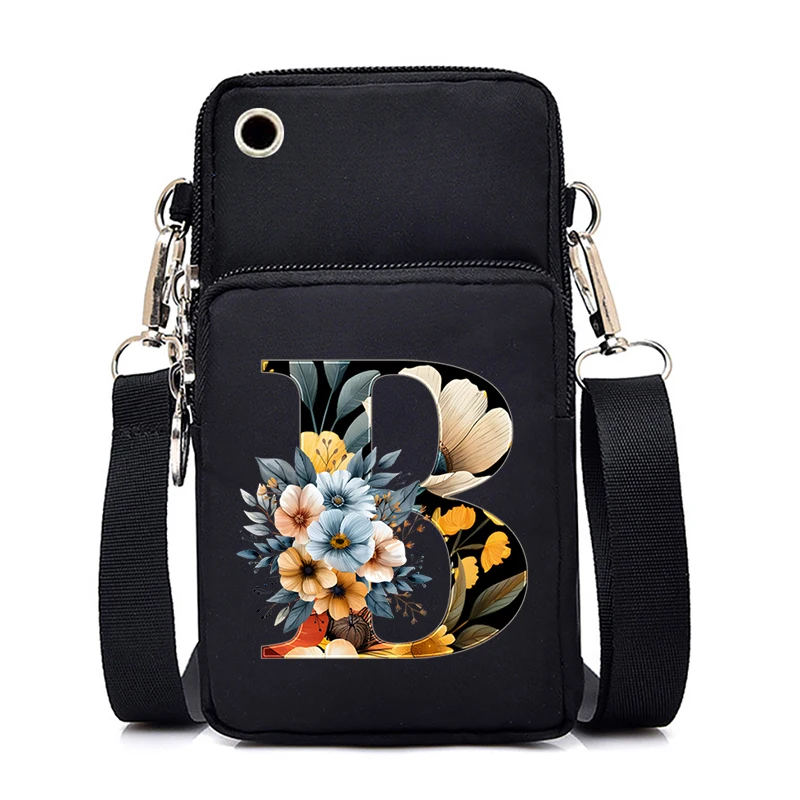 Watercolor Vintage 26 Letters A-Z Women Mobile Phone Bag Plant Floral Alphabet Mini Purses Handbags Small Shoulder Crossbody Bag