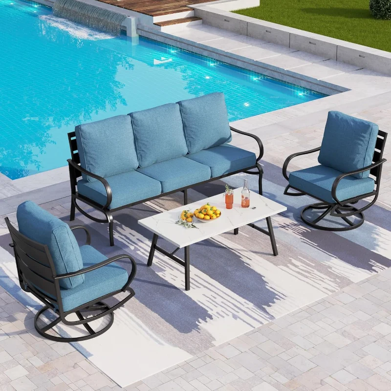

PHI VILLA 4 Piece Patio Furniture Sets for 5 Person with 1 x 3-Seat Deep Seating Bench, 2 x Cushioned Swivel Sofa Chairs
