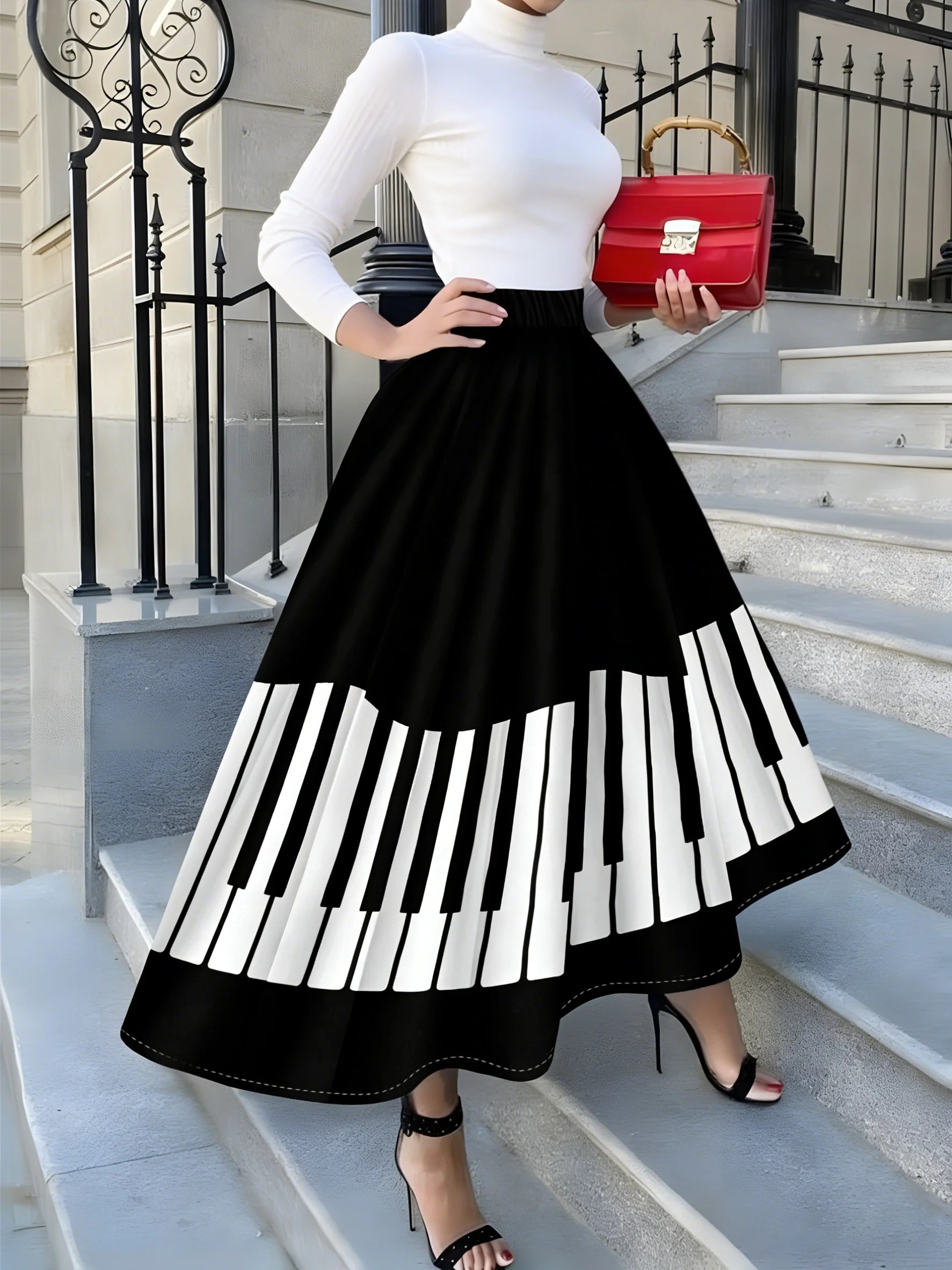 Printed Design suitable for all four seasons Piano Keys Pattern Print Skirt resort style elegant style women's half skirt