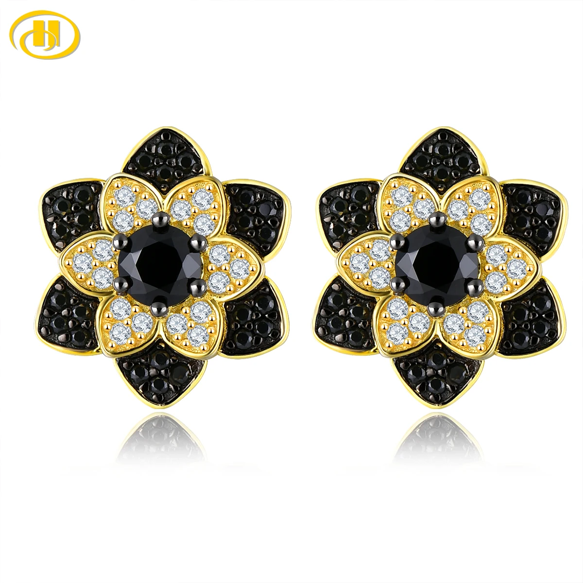 Natural Black Spinel Sterling Silver Yellow Gold Plated Stud Earring Women Classic Fine Jewelrys Daily Use Style S925 Gifts