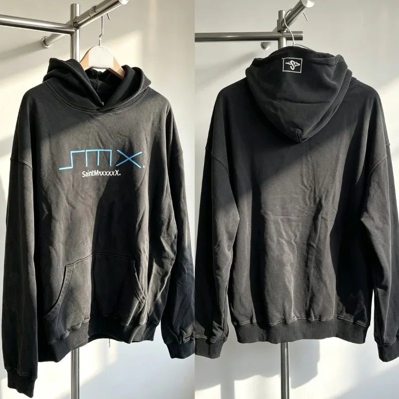 Y2K Street Outfit Oversize Cotton Saint Hoodie Viantge Washed Black Hood Sweatshirts Letter Print Casual Loose Hoody Men Women
