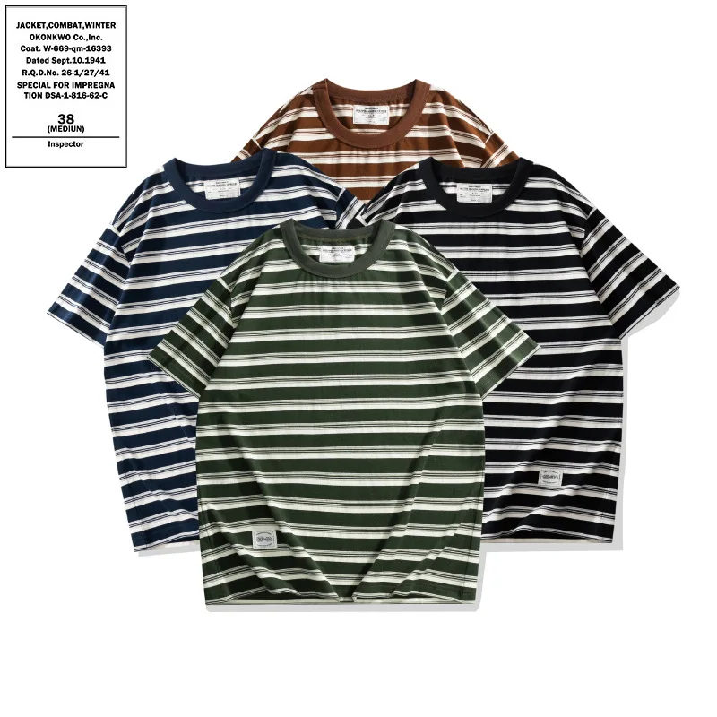 OKONKWO Amikaki 240g Thick Heavy Duty Round Neck T-shirt Sea Soul Shirt Striped Short Sleeve Outdoor Hiking Climbing Workwear