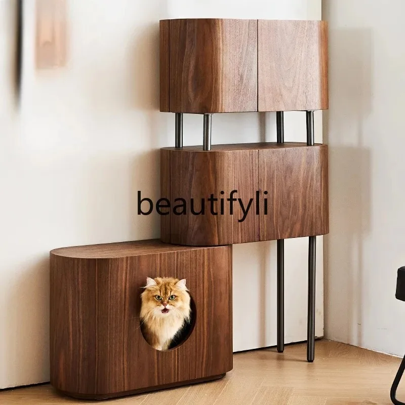 D2520 Multi-layer solid wood cat cabinet Multifunctional living room Bedroom storage cabinet Press door panel cabinet