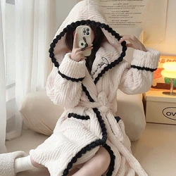 Women's Sexy Robe Coral Fleece Nightgown Female Autumn Winter Thickened Plush Warm Flannel Bathrobe Loose Casual Home Clothing