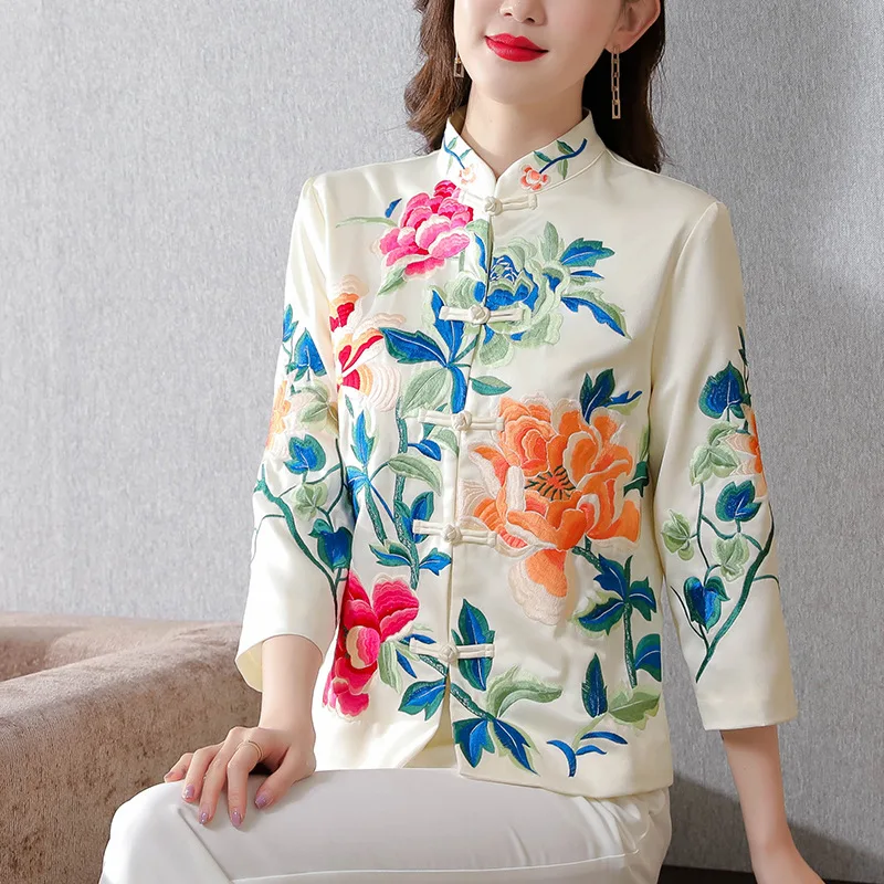 

Chinese Style Embroider Tang Clothes Women Cheongsam Tops Long Sleeve Shirt Jacket Satin Coat New Year Mandarin Collar Qipao