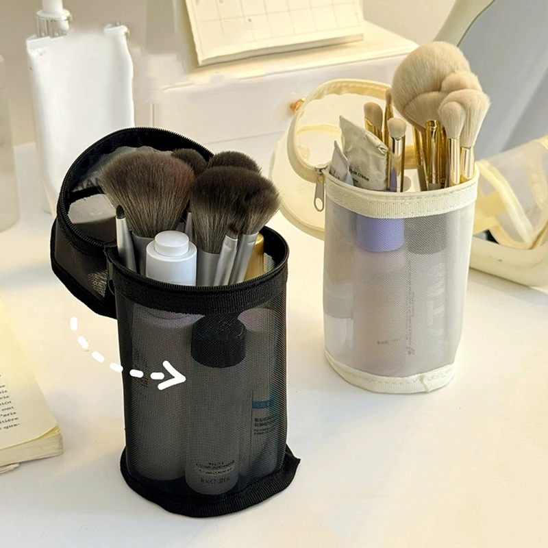[G331]Mesh Dual-use Makeup Brush Storage Bag Portable Large Capacity Brush Case Travel Stand-up Pouch with Bucket Holder Simple
