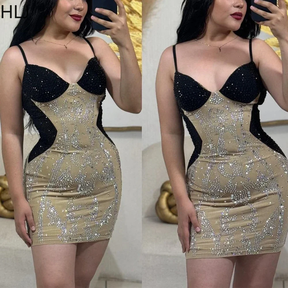 

HLJ Apricot Sexy Rhinestone Bodycon Suspenders Dresses Women V Neck Thin Strap Sleeveless Mini Dress Fashion Party Club Vestidos