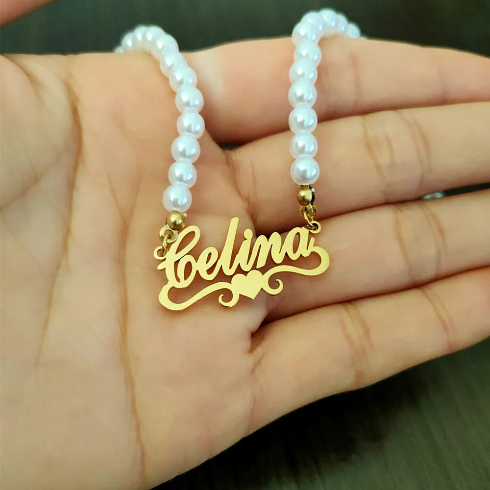 Handmade Nameplate Pearl Choker Heart Name Necklace Custom Jewelry Personalized Mother's Day Gift for Women Kpop Butterfly Kolye