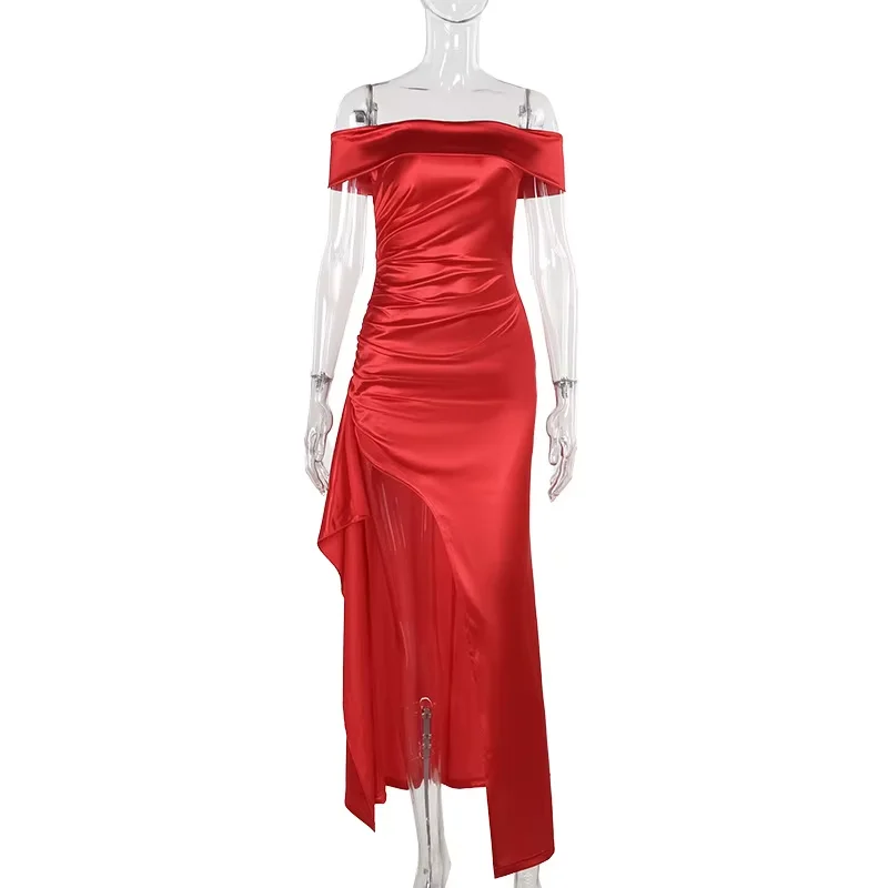 

2024 new style celebrity style sexy slim fit one shoulder satin slit dress for women