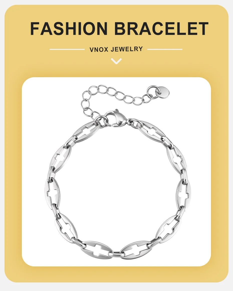 Vnox Kreuz-Ausschnitt-Kettenarmband, Edelstahl Verstellbares Gliederarmband für Männer und Jungen, Minimalistisches Silberfarbenes Schmuckgeschenk – Detail 1