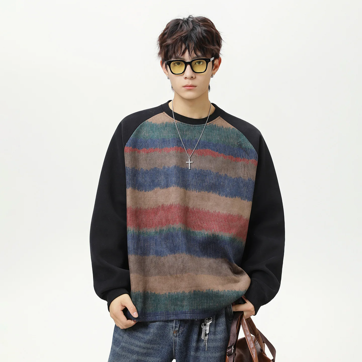 

American Retro Contrasting Color Raglan Sleeves Round Neck Sweatshirt for Men Autumn New Fashion Brand Color Block Pullover Top