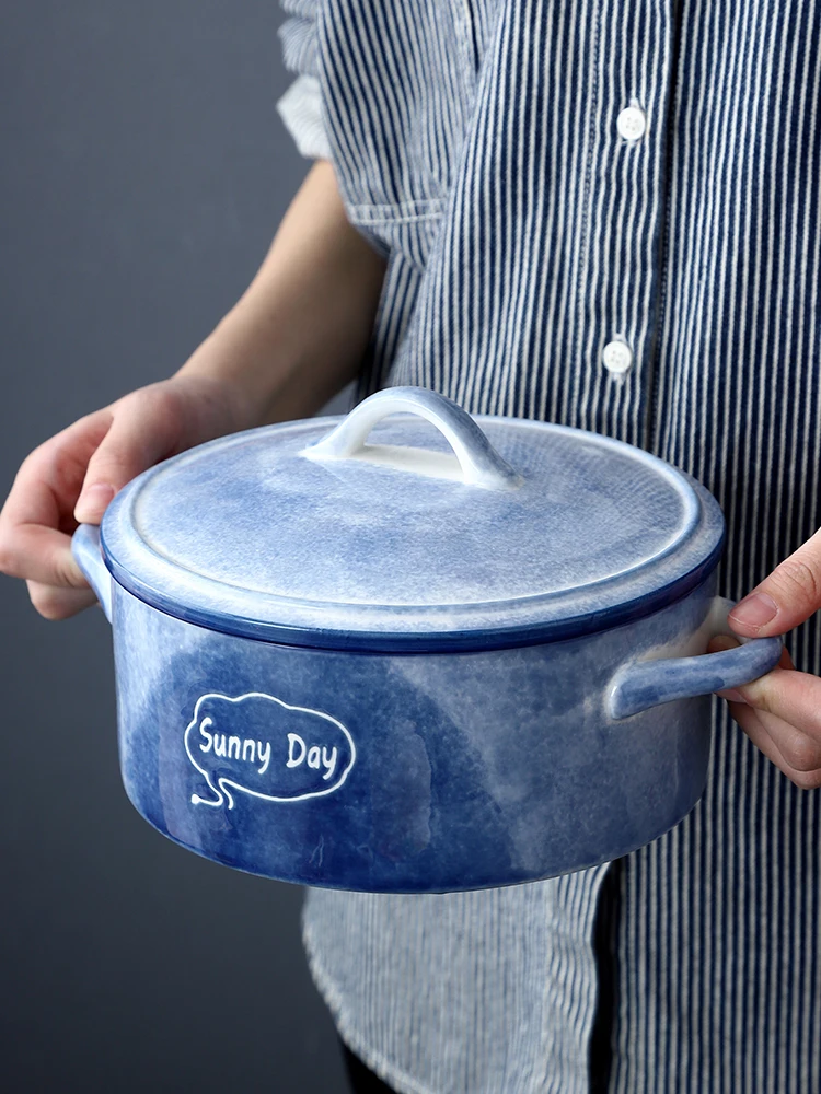 

Cerc Double Ear Soup Bowl with Lid for Home Use Instant Noodles Bowl Student Dormi Salad Bowl Creative Personali Tab...