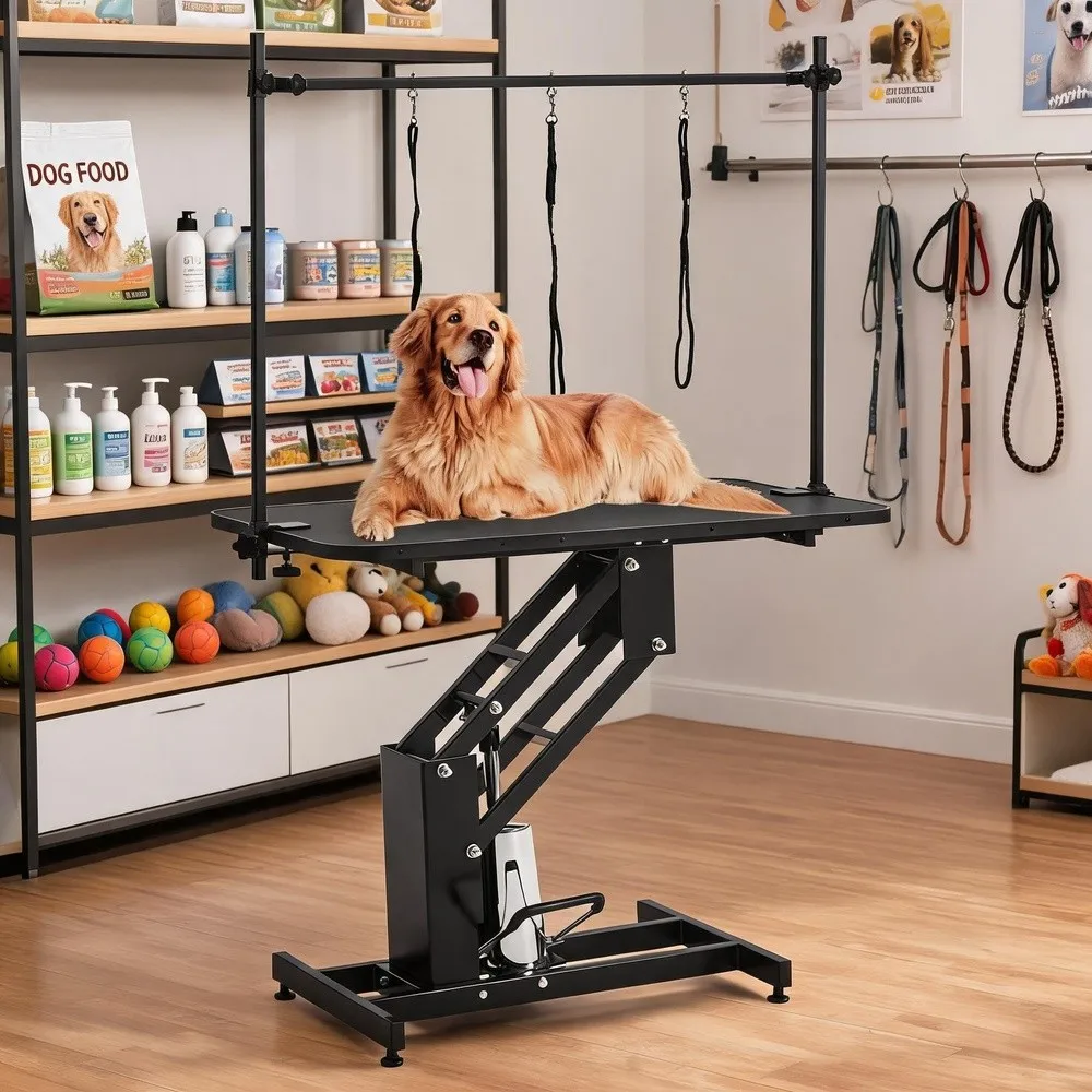 Heavy Duty Hydraulic Dog Grooming Table – Z Lift Adjustable Height 22'' 39'' – Overhead Arm & Noose – Non Slip Surface