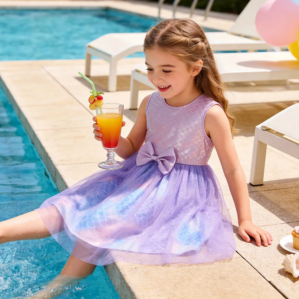 Kinder-Tüllkleid mit Meerjungfrauenschuppen-Print, ärmellos, lila, Prinzessinnenkleid, flauschig, mit Schleifenknoten, Partykleid für Mädchen – Detail 5