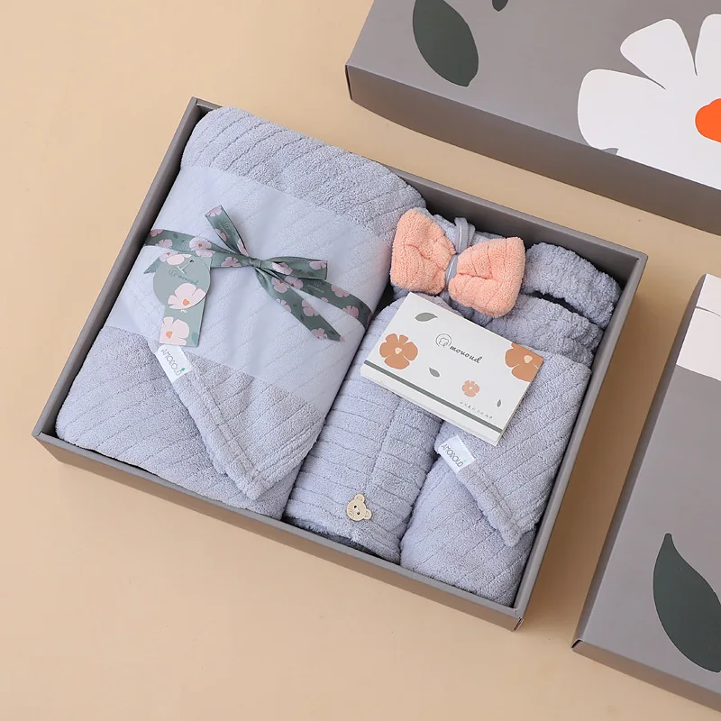 Coral fleece plain drawer towel bath towel gift box set soft absorbent three-piece set