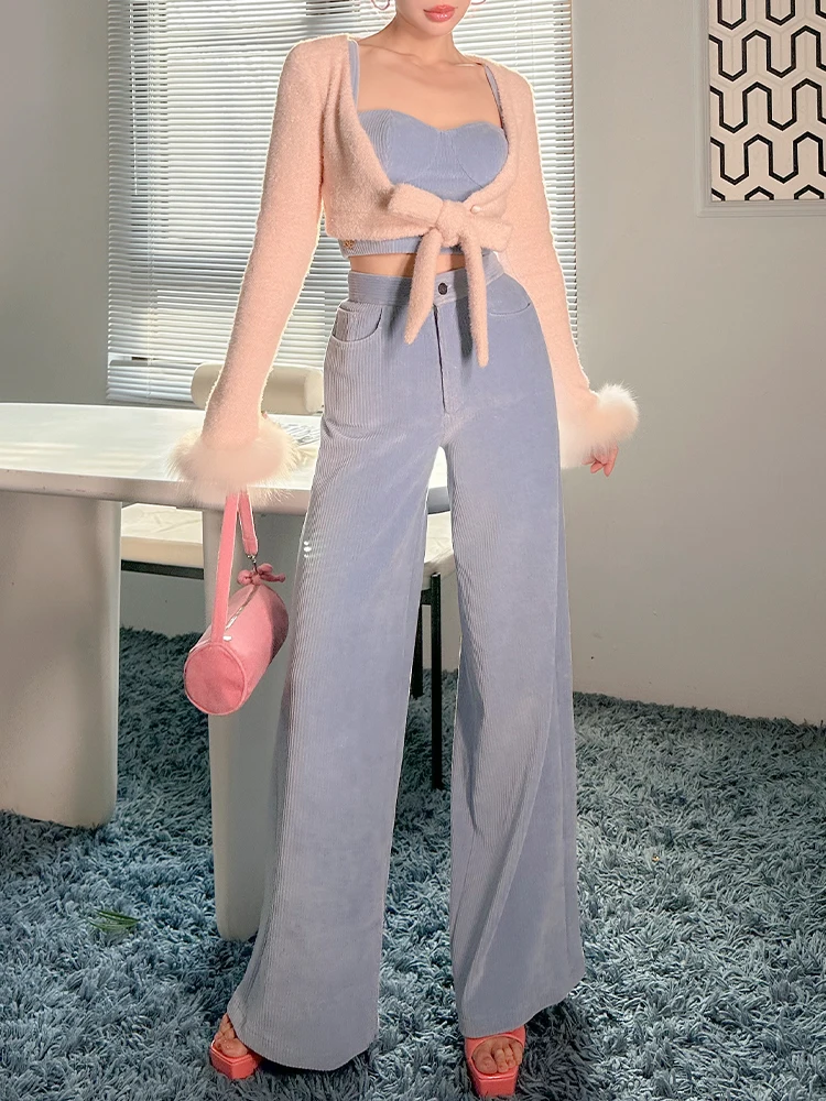 

Комплект Le Palais: винтажные оригинальные брюки с высокой талией и широкими штанинами, цвет голубой, из вельвета, с топом, для женщин, сексуальный, винтажный стиль