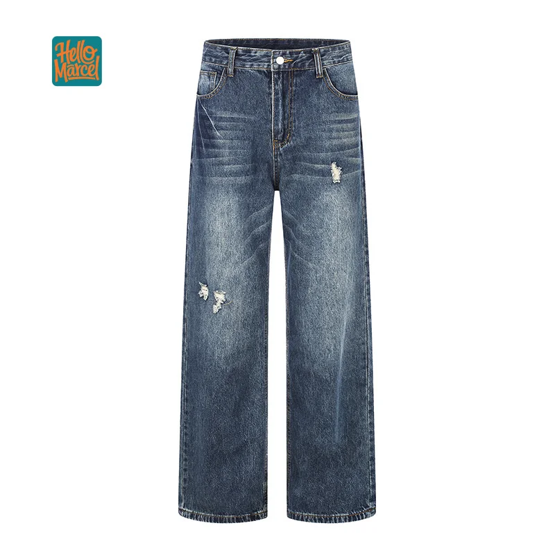 HELLOMARCEL EU US Size Luxury Quality Jean Pants Street Wear Casual Washed Distressed Loose Wide-Leg Straight Denim Trousers