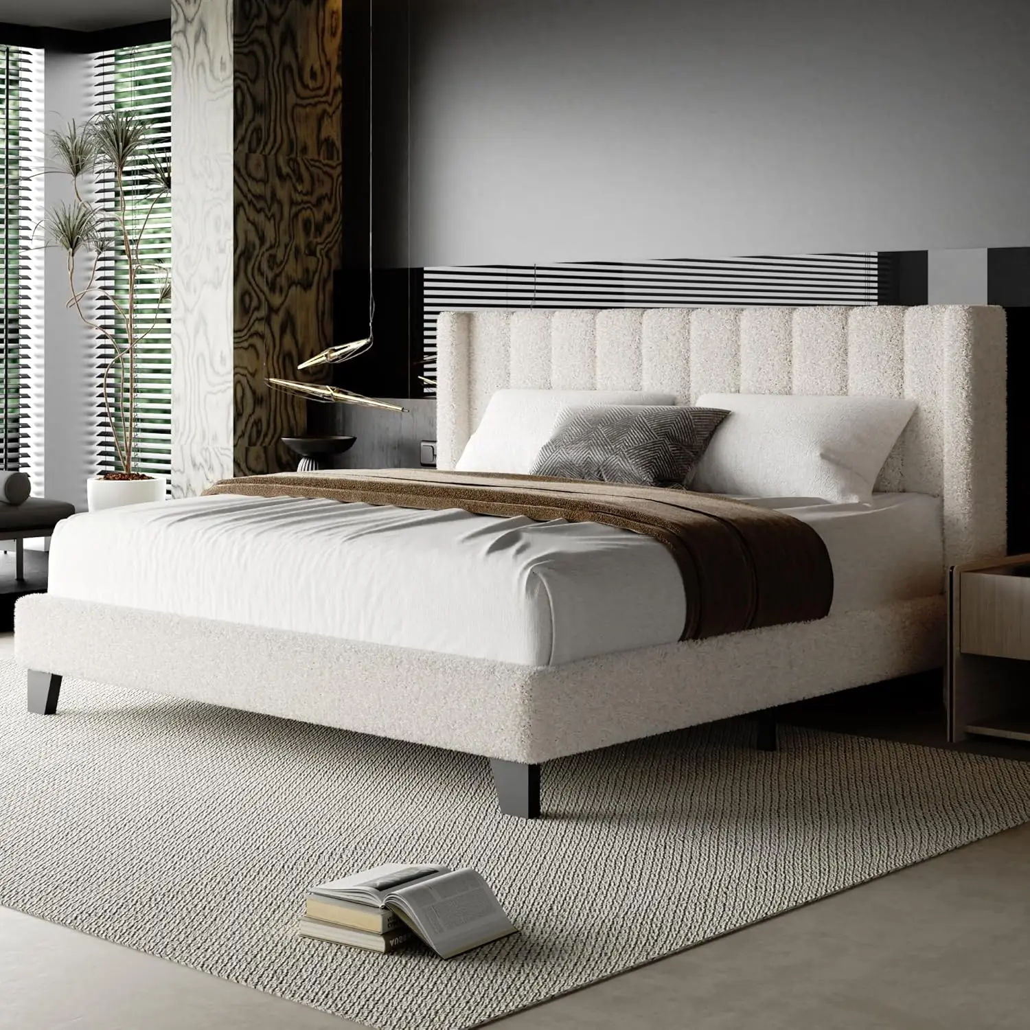 

Bed Frame with Headboard Upholstered Platform Bed Frame with Teddy Velvet Headboard, Wooden Slats Support/Wing Edge Design