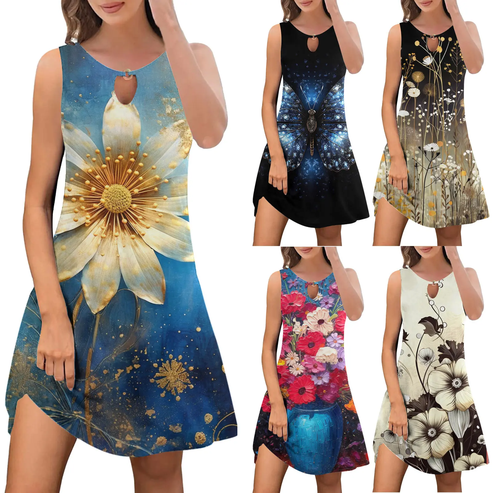 

Summer Dresses for Women 2024 Trendy Boho Floral Print Cover Up Crew Neck Sleeveless Sundresses Female Casual Dresses