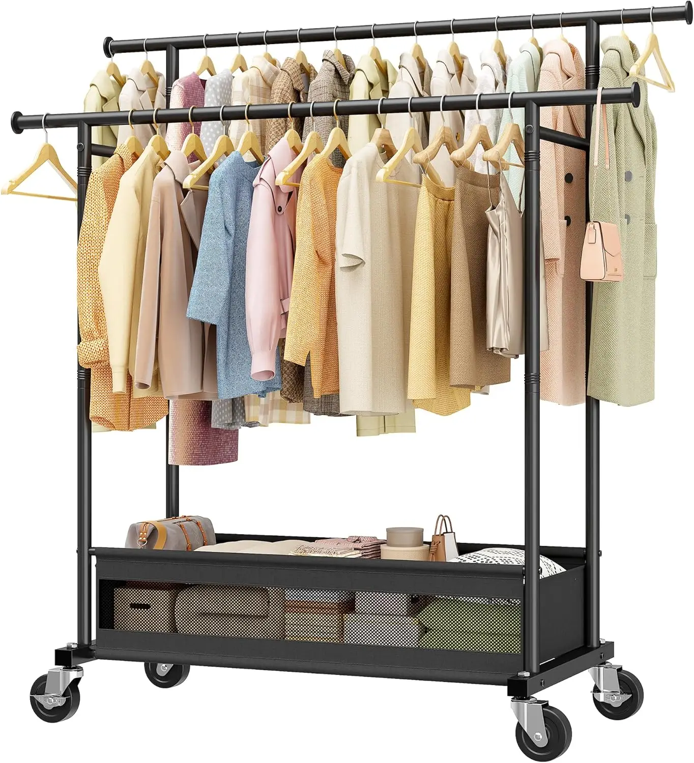 

Double Rod Rolling Clothes Rack with Storage Basket & Heavy Duty Wheels, Garment Rack for Bedroom, Laundry Room, Black