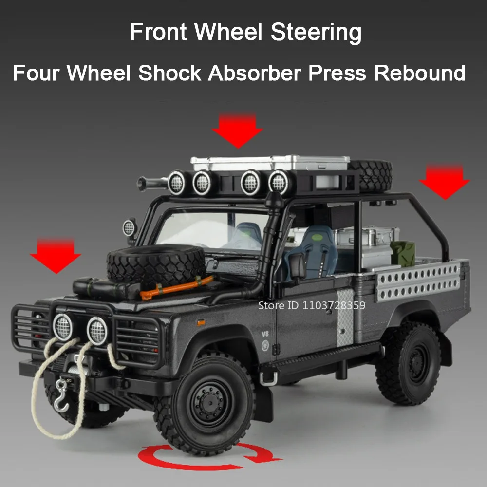 1:24 Defender 110 Model Pojazdu Terenowego Zabawki Metalowe Odlewane Dźwięk Światło Otwierane Drzwi Napęd Pull Back Ozdoby Samochody dla Dzieci Prezenty