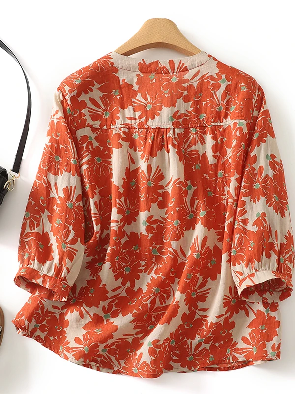 Casual V-Ne Printed irt Loose Fit Five-Quarter Sve Single Button Women's plus Size Summer Cardigan Artistic Holiday Sle