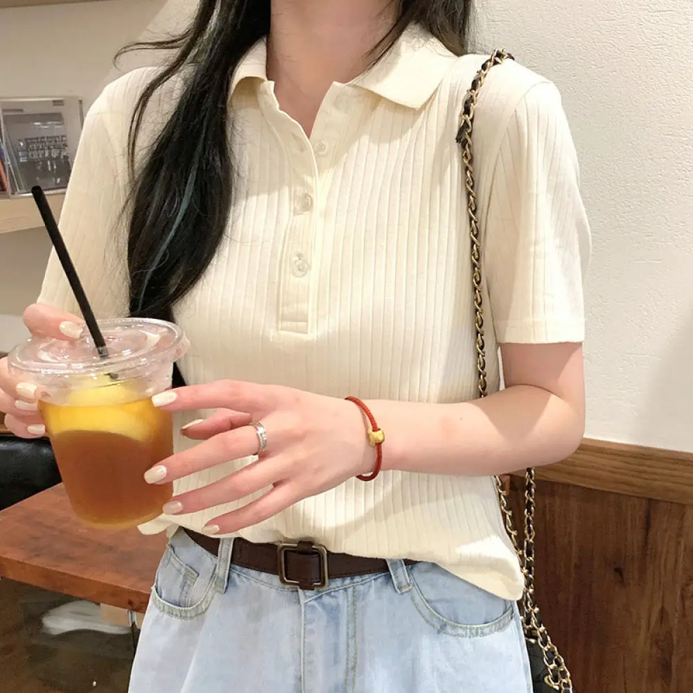 Short Sleeve Womens Polo Shirt Cotton Tee Slim Fit Solid Color Casual Fashion Summer Tops For Daily Streetwear