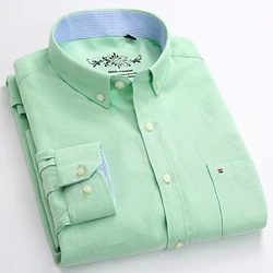 Trabalho masculino casual regular-ajuste oxford listrado xadrez camisas único remendo bolso manga longa grosso guingão listrado camisa