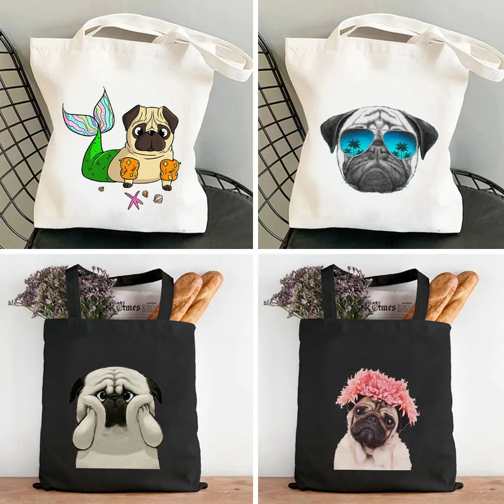 Adorável spoof bonito filhote de cachorro pug cão kawaii animal feminino bolsa de ombro lona harajuku shopper moda casual verão tote shopper sacos