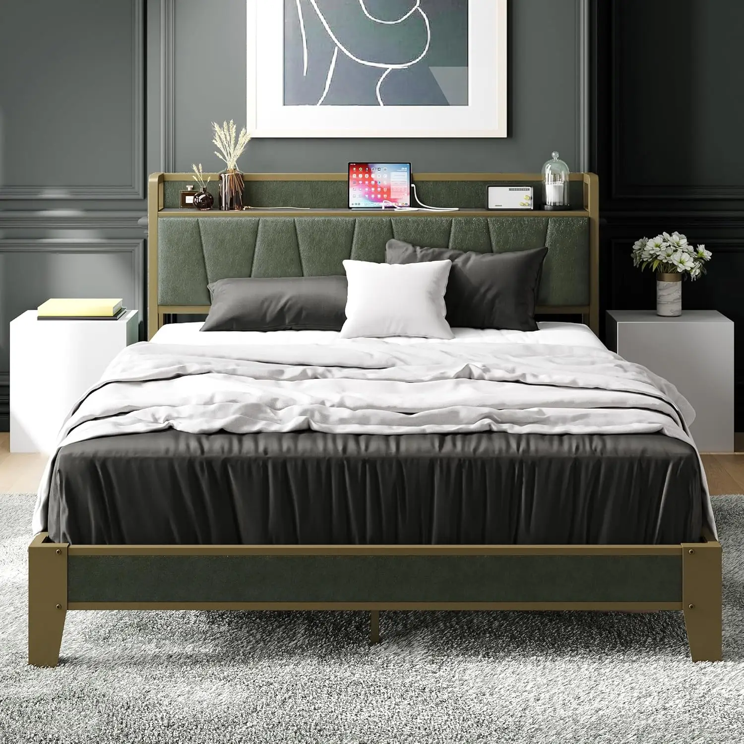

Queen Bed Frame with Storage Headboard & Charging Station, Dark Green, No Box Spring Needed