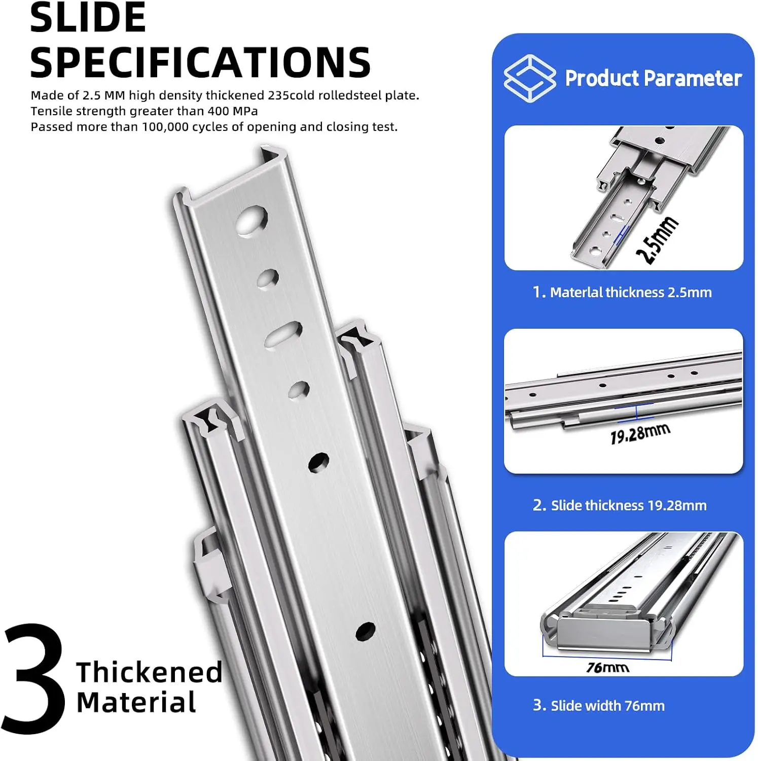60 Inch Heavy Duty Side Mount Drawer Slides Full Extension Ball Bearing Rails 76mm Width 500LB Load Capacity Industrial Cabinet Drawer Glides for Tool Box Workbench, 1 Pair