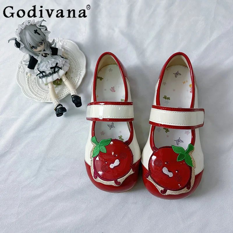

Оригинальная красная домашняя обувь Kawaii Lolita, летние туфли в японском стиле для девочек, милые милые туфли на низком каблуке с круглым носком, лоли, повседневные туфли на плоской подошве