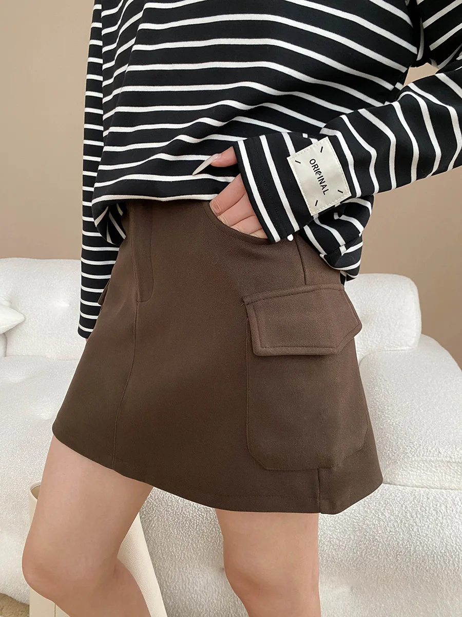 

Women's simple solid color high waisted A-line slimming workwear, woolen half body short skirt