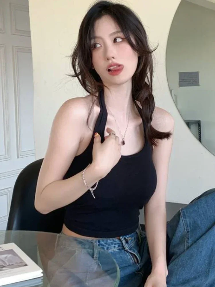 

Майки с лямкой на шее, женские укороченные топы с открытой спиной, милая летняя винтажная модная одежда, женская повседневная универсальная простая уличная одежда для отпуска