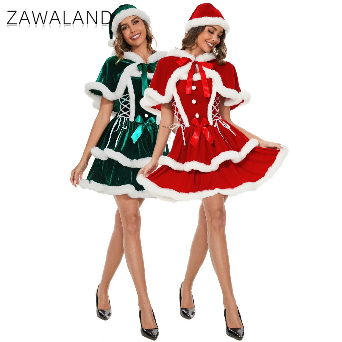 

Christmas Bowknot Cosplay Dress Woman Velvet Lace Up Slip Dress Xmas Party Sexy Sleeveless Costume Winter Holiday Hooded Cloaks