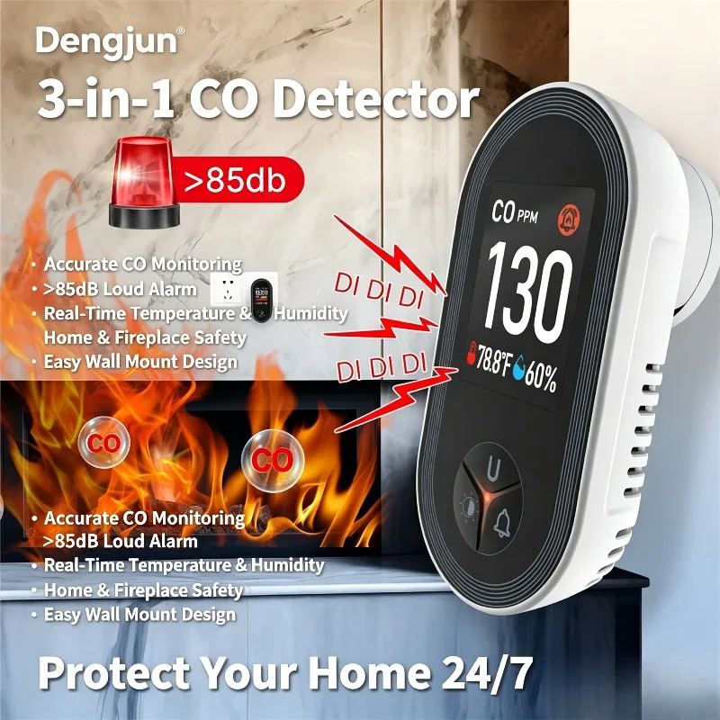 4‑in‑1 Gas CO Temperature Humidity Detector Plug‑in Carbon Monoxide Gas Leak Sensor Home Security Alarm for Kitchen Garage