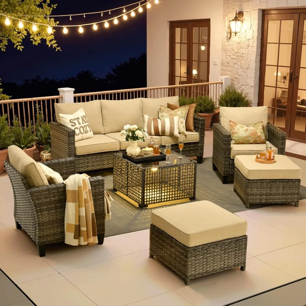 

6 Pieces Patio Furniture Set Outdoor Sofa Couch with Solar Lights Table Comfy Cushions, Modern Deep Seat Wicker Rattan Set