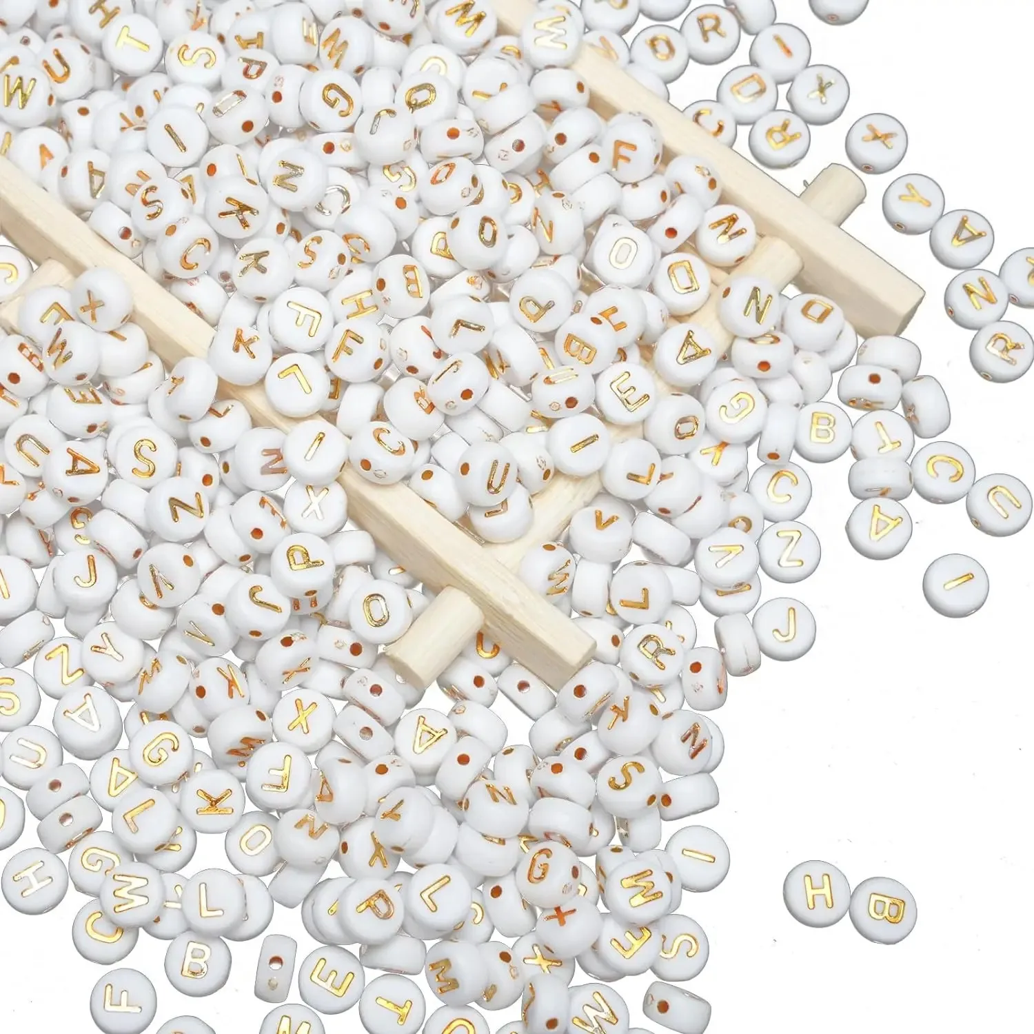 1000 Letter Beads White Circular 4x7mm Acrylic Letter Beads, White Background Gold Letter Beads Jewelry Making DIY