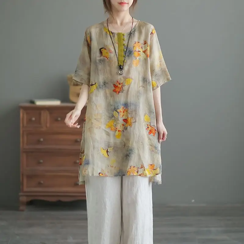 2025 Summer New Retro Printed Button Irregular Versatile Cotton and Linen Mid-length Top for Women