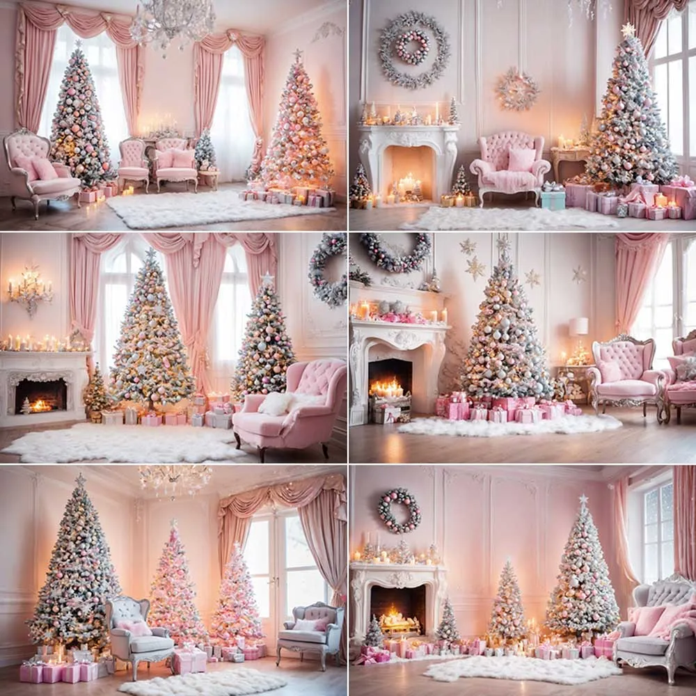 MOON.QG Christmas Tree Home Decoration Photography Background Pink Fireplace Curtain Sofa New Year Photo Backdrop Shooting Props