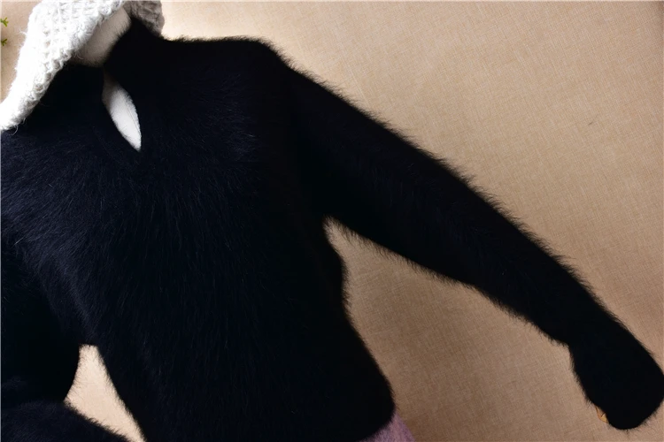 Female Women Fall Winter Black Hairy Mink Cashmere Knitted Medium Turtleneck Slim Blouses Pullover Angora Fur Jumper Sweater Top