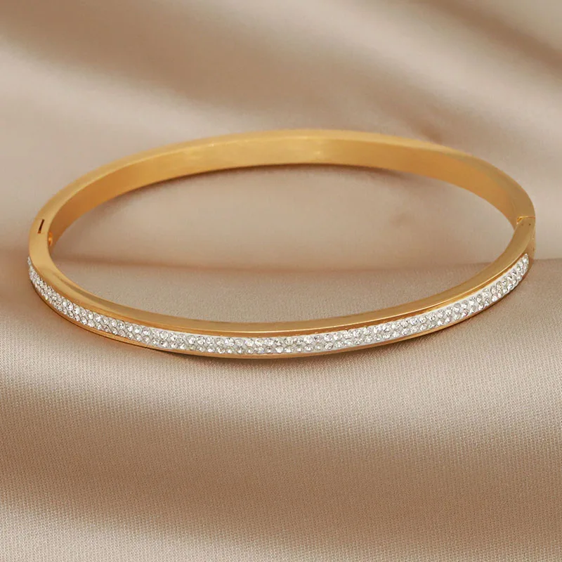 316L Classic Stainless Steel Full Crystal Bracelet for Women Elegant Bangles Rust-proof Simple Thin Bangle Wrist Jewelry