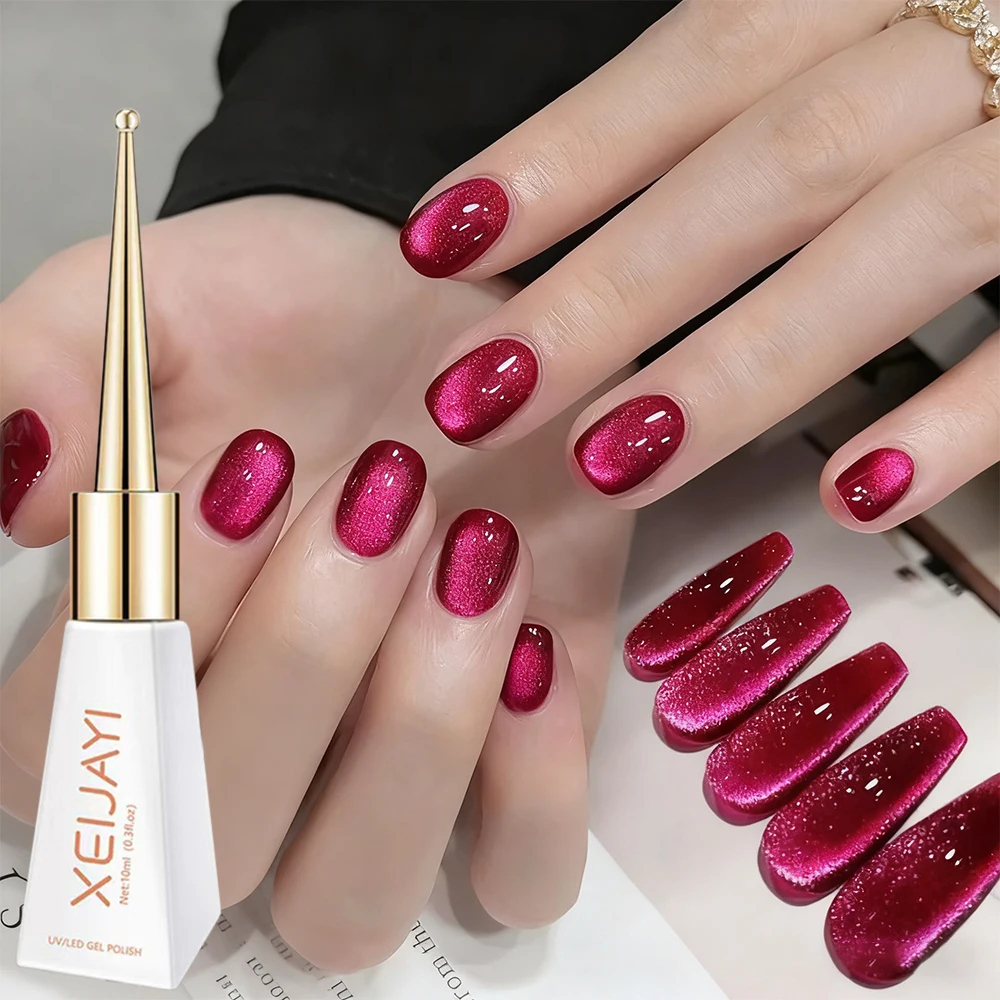 XEIJAYI 10ml Red Glitter Cat Eye Nail Polish Magnetic Holographic Nail Gel LED Lamp Curable Soak-Off Magnetic Effect Nail Art #G