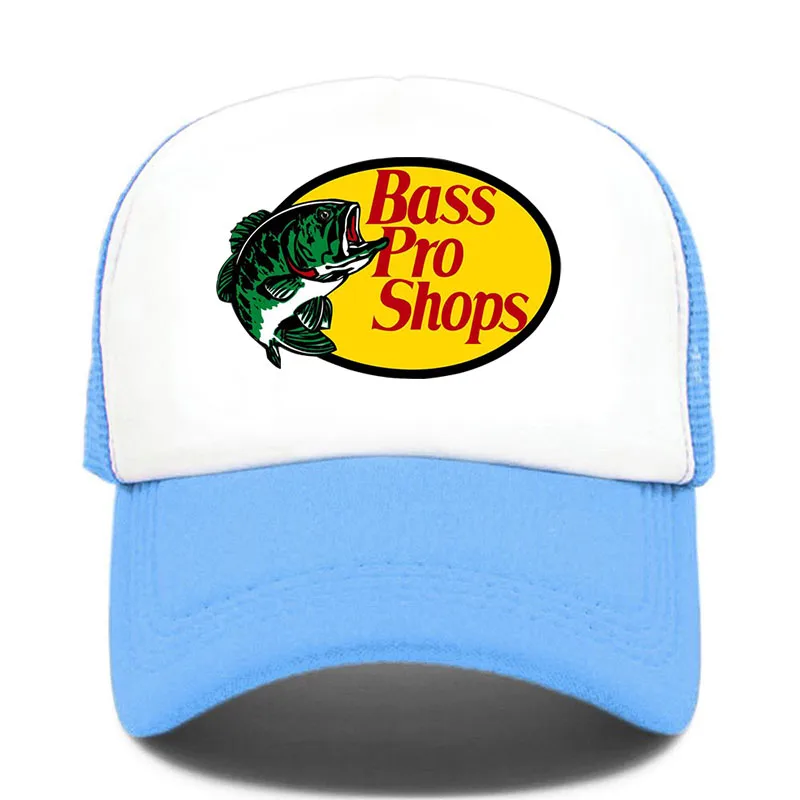 Bass Pro Shops Classic Logo Trucker Hat, White & Light Blue Breathable Mesh Baseball Cap, Adjustable Outdoor Sun Hat for Fishing