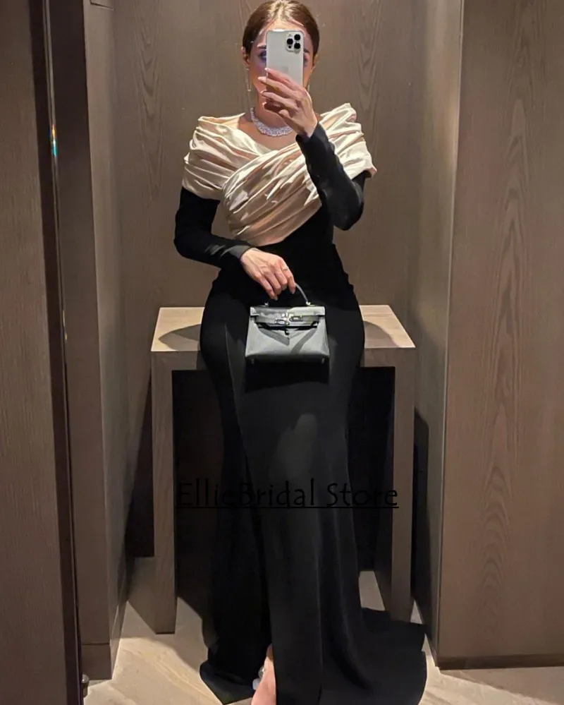 Modest Black Evening Dresse For Wedding Party Dress Off The Shoulder Mermaid Prom Dress Long Sleeves Dinner Gown Customized