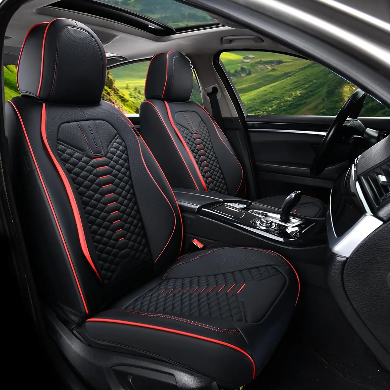 

Universal Waterproof Leather Car Seat Covers Full Set, 5-Seat Protectors with Comfort Foam, Black & Red