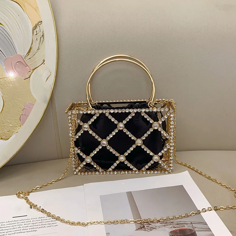 Heavy industry metal shiny ineffectual rhinestone bird cage dinner bag celebrity light luxury personality simple hollow handbag